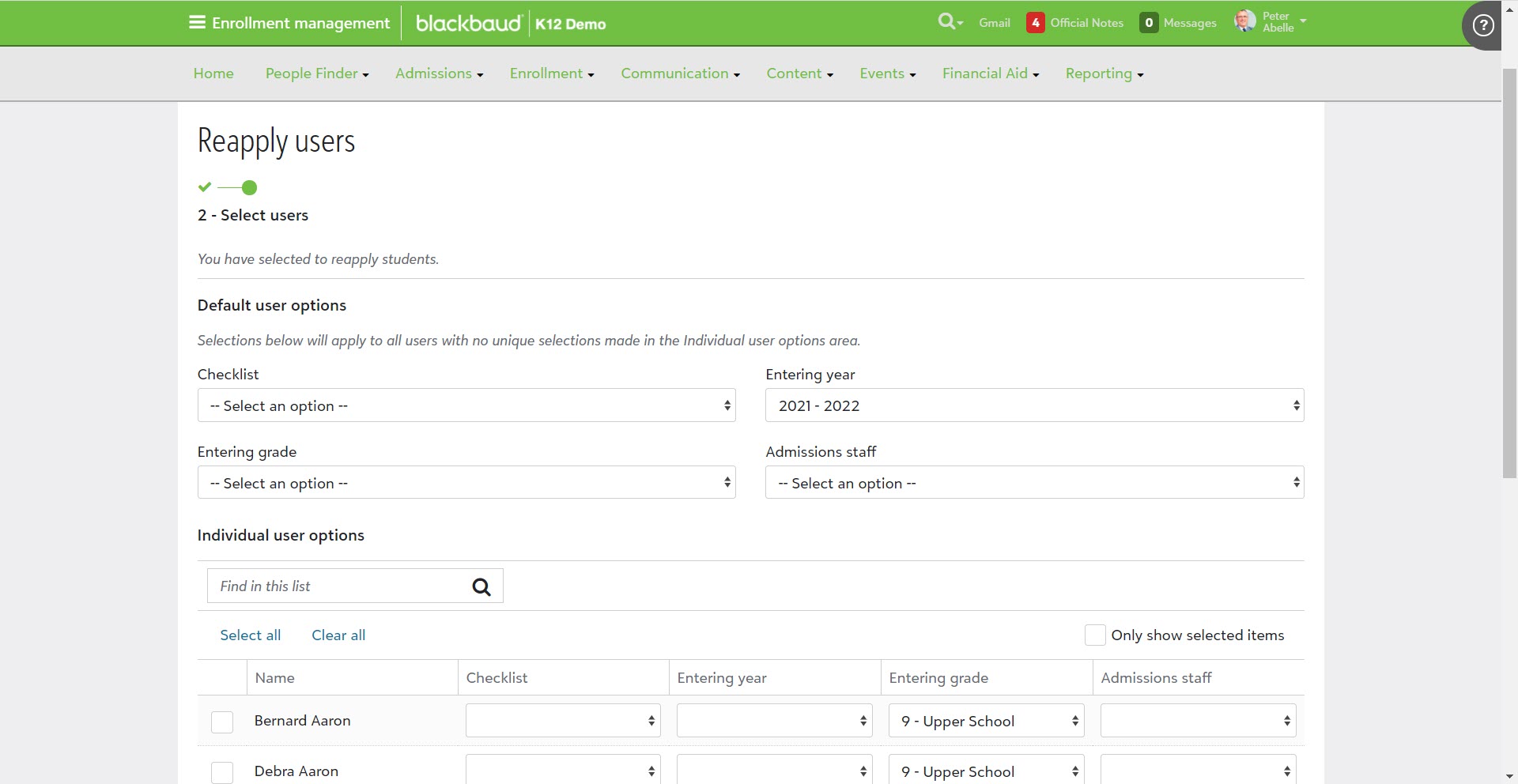 The second step of the Reapply Users process: Select users